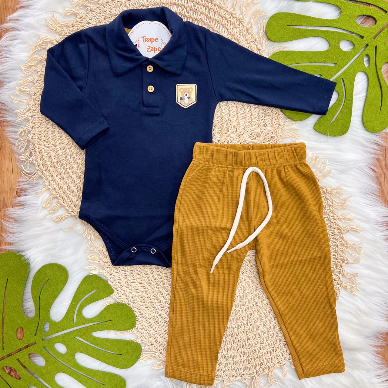 Conj. Body Gola Polo Ursinho e Calça - Marinho e Caramelo